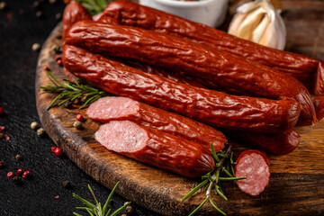 Smoked sausage sticks with rosemary on wooden board