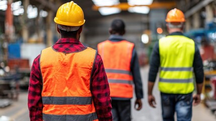 Workers in safety gear walk through industrial warehouse during day