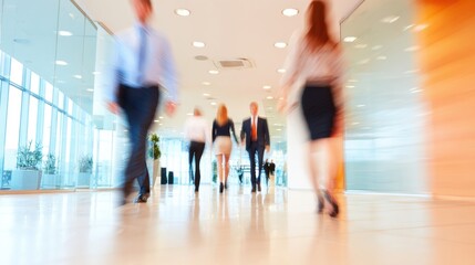 Busy office hallway with people walking and working during the day