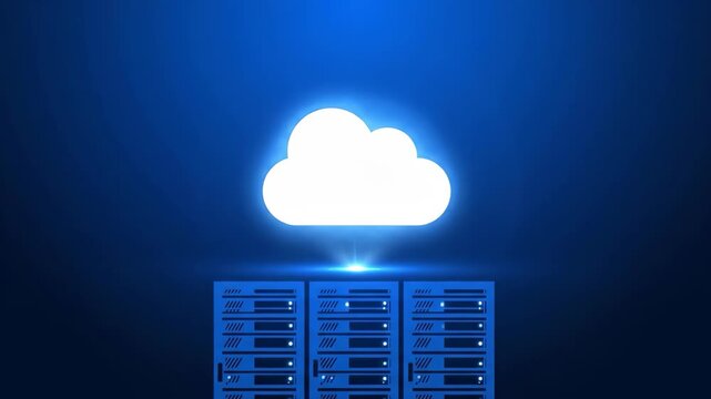 Glowing cloud icon with server racks, cloud computing and data storage technology, horizontal 16:9 video background
