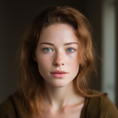 Fototapeta premium Soft natural portrait of redhead woman with freckles. Calm and intimate portrait of a young redhead woman with freckles, blue eyes, and soft expression. Natural lighting, warm tones, and minimalist