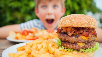Child enjoys a big burger and fries in an outdoor setting during lunch time