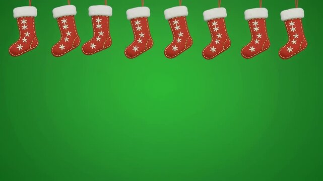 Eight red Christmas stockings with white tops and star patterns hanging against a vibrant green background, ready for gifts.