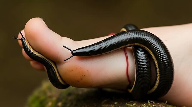 Leeches crawling on human hand in a close-up shot, displaying parasitic interaction and wildlife