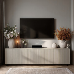 sunlit scandinavian living room with plants, neutral tones