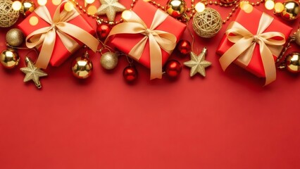 Elegant festive Christmas gifts and shimmering golden ornaments beautifully arranged on a vibrant red background, perfect for holiday season celebrations and joyous special occasions with copy space