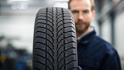 A man holds a tire in a workshop, showcasing its tread pattern against a blurred background.