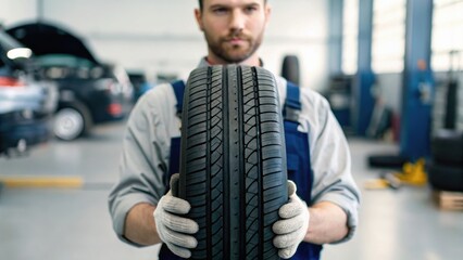 A mechanic holds a tire in a garage, showcasing expertise and focus in automotive maintenance.