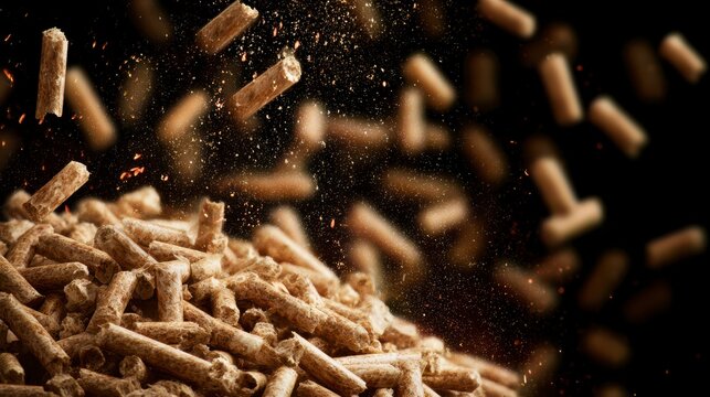 Pellets in Motion: A dynamic display of wooden pellets suspended mid-air, showcasing their texture and form against a dark background, evoking ideas of industry and sustainable resource.
