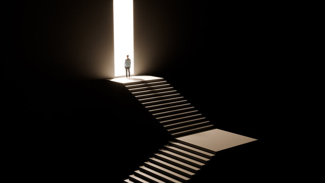 Man at top of dark staircase looking at bright exit, new opportunity, success journey, and future hope, 3d render