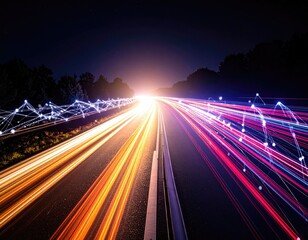 Long exposure shot of highway lights with data visualization overlay, night sky