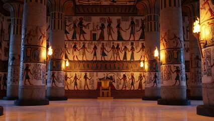 Naklejka premium Grand Egyptian Throne Room Interior with Hieroglyphic Columns | Majestic Ancient Pharaonic Palace Architecture and Golden Throne