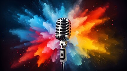 Vintage microphone on vibrant colorful explosion background retro audio