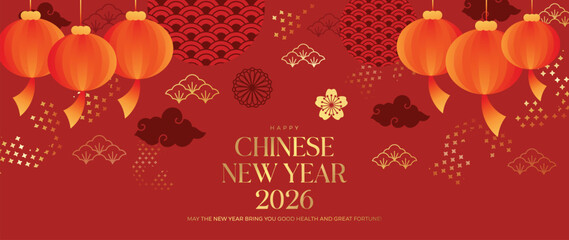 Fototapeta premium Chinese New Year 2026 greeting card vector background with red lanterns, gold flowers and decorative clouds on dark red. Elegant festive design for invitation, banner and celebration.