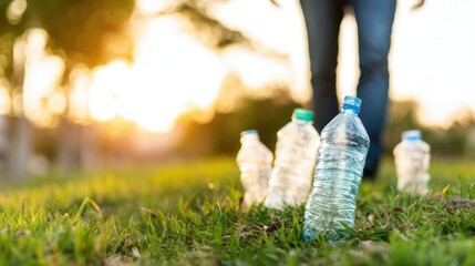 People collect plastic bottles during clean-up in a park at sunset