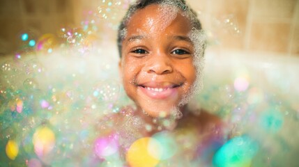 Child enjoys bath time with bubbles and smiles in the bathroom