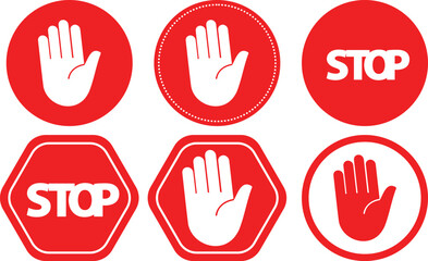 Set of minimalist red stop signs and symbols including open hand gestures and STOP text in various shapes perfect for safety warnings traffic control and UI design