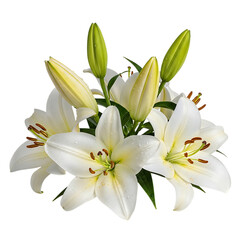 Obraz premium Elegant white lily bouquet with buds and leaves on transparent background