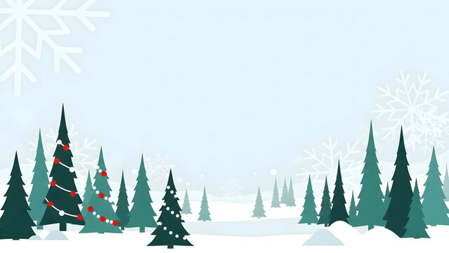 A festive winter forest scene featuring a border of dense, dark green pine trees. One tree is decorated with red and white string lights, set against a foggy, light blue sky - Powered by Adobe