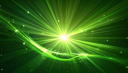 Radiant green light burst with streams and sparkling particles against a dark background
