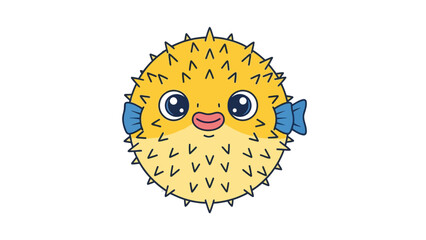 Cute yellow spiky cartoon pufferfish with blue bow fins