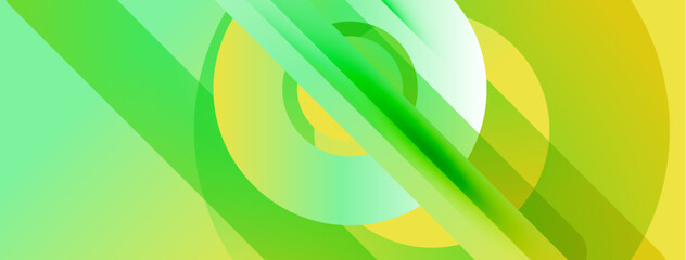 Abstract composition features overlapping circles, lines. Gradient shades create dynamic visual effect. Bright greens, yellows dominate design.