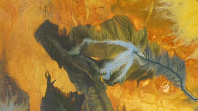  Surreal aerial view of colorful chemical mine waste waters. Nature pattern, environmental pollution