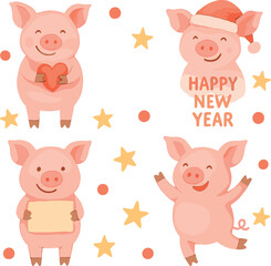 Obraz premium A continuous pattern featuring adorable piglets, cartoonish pig characters, and a Happy New Year greeting with the 2019 Chinese zodiac symbol, presented as isolated elements on a white background in