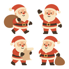 Fototapeta premium A charming cartoon Santa Claus collection showcasing poses such as walking, waving, and reading, ideal for festive winter holiday designs