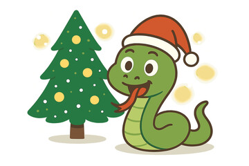 Fototapeta premium A cute green snake wearing a Santa hat talks and makes funny faces in front of a Christmas tree, with falling snow and bokeh lights in the background