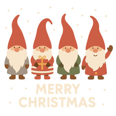 Fototapeta premium This Merry Christmas postcard showcases four cute gnomes with red caps in a flat style against a dark background, serving as a dwarfs design template for a Merry Christmas and Happy New Year card
