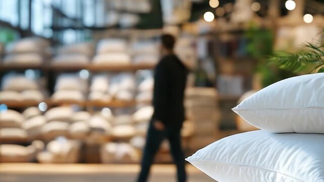 A stack of white pillows in a store, with blurred shelves and a person walking away