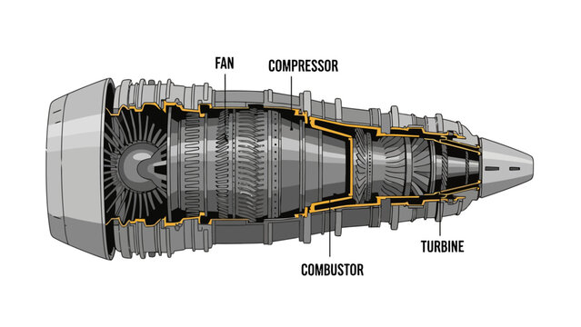 Diagram illustrating the labeled crosssection of a turbofan jet engine