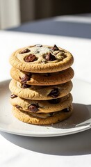 A stack of chocolate chip cookies on a white plate, positioned on a white surface, with sunlight adding depth