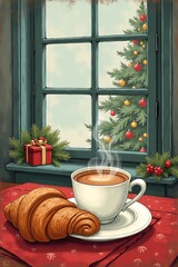 a cup of coffee and a Christmas croissant