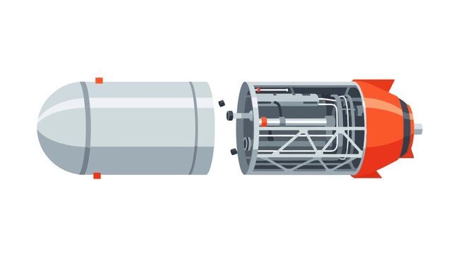 Exploded view of a twopart rocket stage showing a silver tank and an engine section