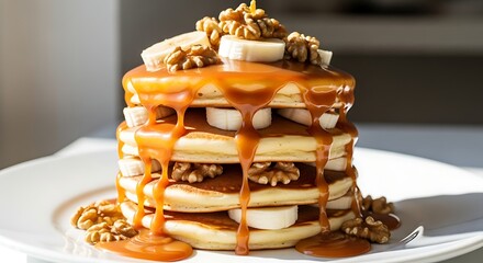 A stack of fluffy golden pancakes layered with banana slices and walnuts, drizzled with caramel sauce, presented on a white plate