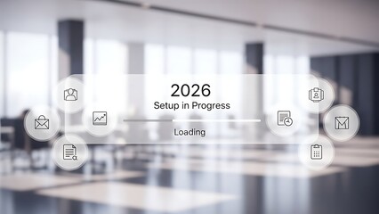 Futuristic interface displays year 2026 setup in progress with loading bar and circular icons representing communication and data