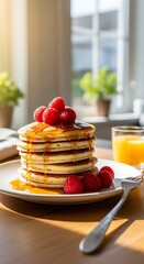 A stack of fluffy golden-brown pancakes drizzled with syrup and topped with fresh red raspberries, with orange juice and light