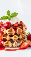 A stack of golden, freshly baked waffles, topped with sweet strawberry sauce, whipped cream, and fresh mint leaves. Strawberries sit nearby