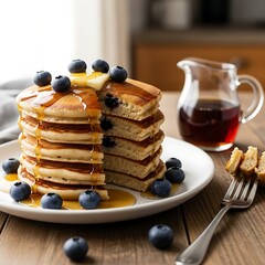 A stack of golden pancakes with blueberries, butter, and maple syrup, with a pitcher, fork, and plate on a wooden table