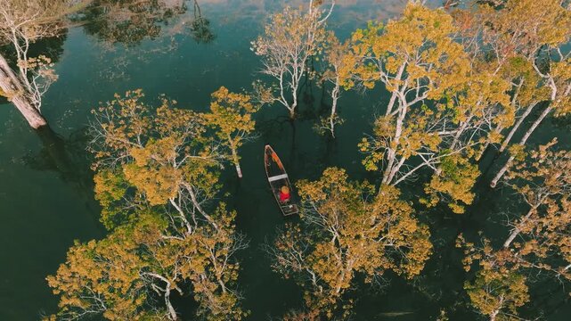 4K Aerial View Of Boat Rowing Through Misty Submerged Forest in Suoi Tia Tuyen Lam lake, Dalat Vietnam
Early morning mist, an ethereal, fairyland atmosphere. Calm waters reflecting unique flood forest