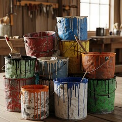 A stack of paint cans, in varying colors, sits in a cluttered workshop. Paint drips down their sides. Paint brushes rest inside