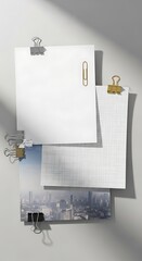 A stack of papers, secured with clips, one with a city photo, another grid-lined, and a few plain white, against a neutral backdrop