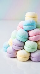 A stack of pastel-colored, round treats on a white surface, with a blurred, rainbow-hued background. The sweets are neatly arranged