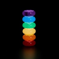 A stack of seven vibrantly colored, glowing orbs arranged vertically against a black background. Each sphere displays a subtle, decorative heart-shaped pattern