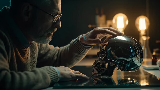 Examining chrome skull on desk. Older man with beard leans forward. He touches skull and watches reflection. Warm lightbulb and lamp glow nearby. Chrome surface mirrors lightbulb and face clearly.