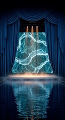 A stage with blue curtains framing a screen with flowing water visuals, illuminated by spotlights, and reflecting on the stage