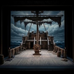 A stage setting depicting a weathered, old ship on a tumultuous sea, under a moody, overcast sky. The wooden deck and masts are detailed