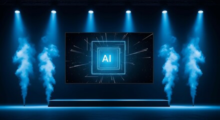 A stage with blue lighting, smoke effects, and a central screen displaying "AI" within a glowing geometric frame
